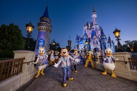 mickey mouse og venner iført deres 50 års jubilæum glitrende mode, mens de poserer foran askepotslottet i magic kingdom park